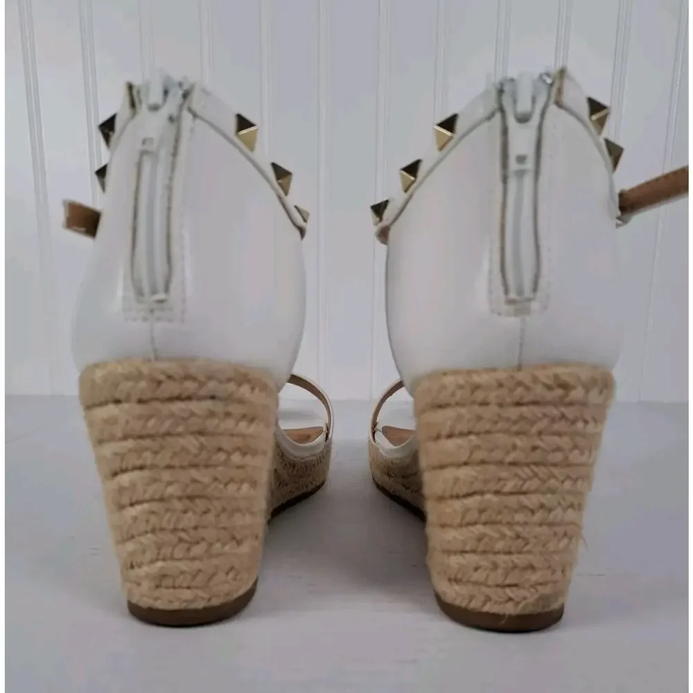Esprit Espadrille Wedge Sandals White Studded Ankle Strap Back Zipper Womens 8.5